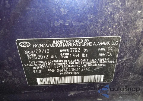 2013 Hyundai Elantra Gls z USA, uszkodzony, nr VIN 5NPDH4AE4DH343740